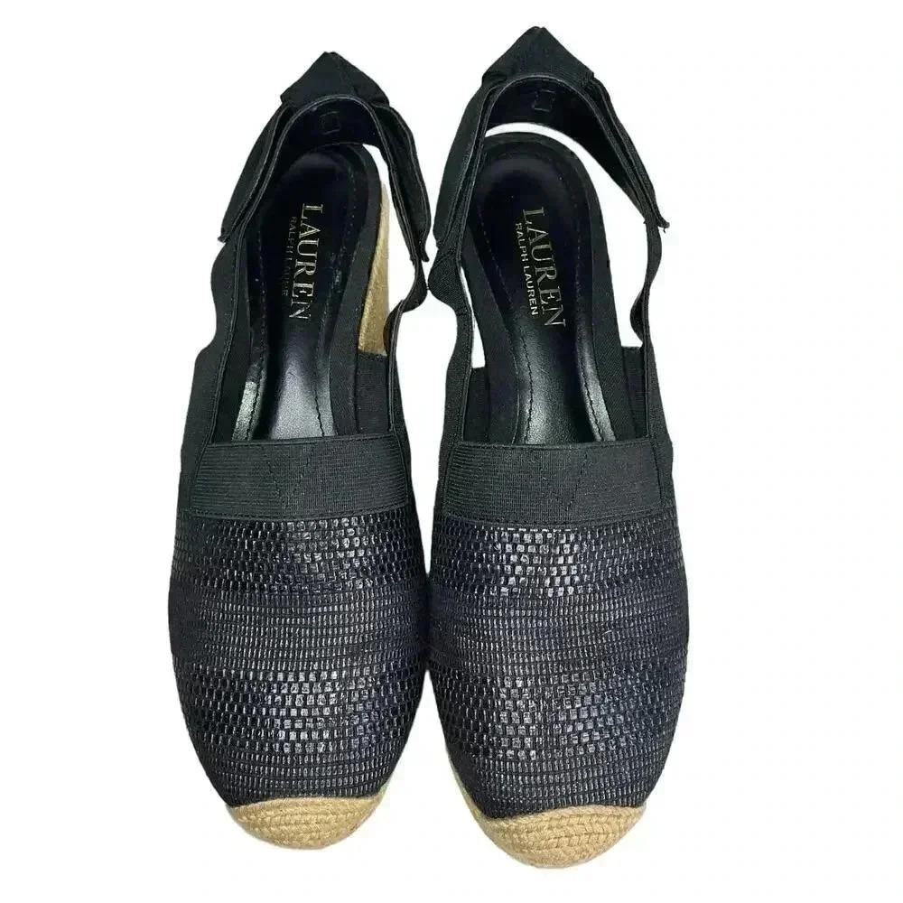 Ralph Lauren Helma Espadrille Slingback Wedge Sandals Black Size‎ 8.5